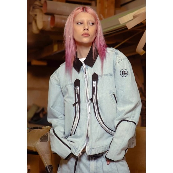 New Urban Outfitters CAT x Reclaimed LA Denim Jacket Jean Blue Black Zip Up - Picture 1 of 15